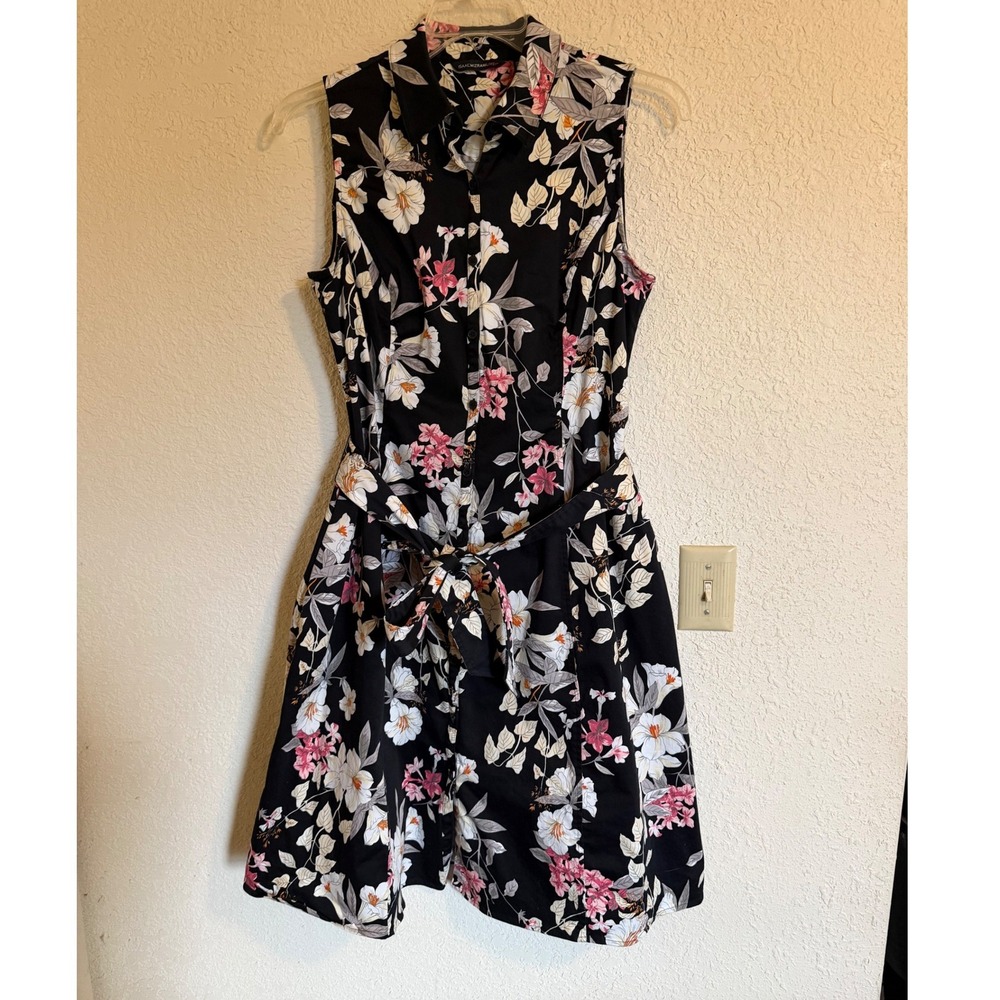 Isaac Mizrahi Live Black Floral Sleeveless Button Front Shirt Dress Belted 14